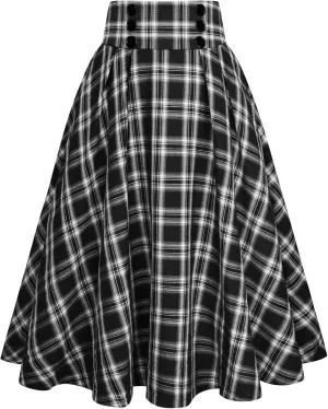 Belle Poque Vintage Plaid Skirt for Women High Waisted Midi A-line Skirts Pleated Skirt with Pockets