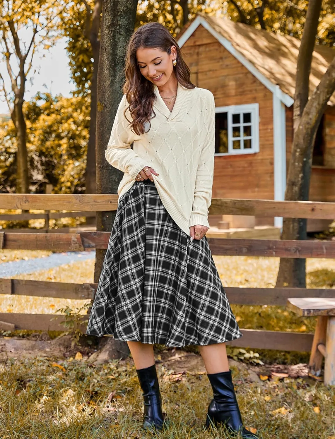 Belle Poque Vintage Plaid Skirt for Women High Waisted Midi A-line Skirts Pleated Skirt with Pockets
