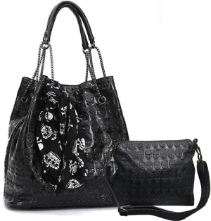 BelonYou Women's 2Pcs kull Purses and Handbag Punk Gothic Hobo Tote Shoulder Bag PU Leathe Crossbody Bag Satchels, One Color, One Size