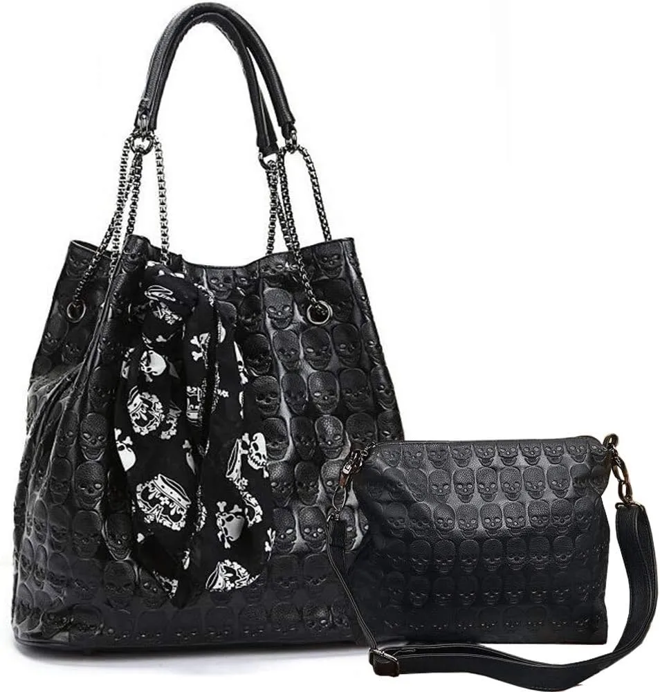BelonYou Women's 2Pcs kull Purses and Handbag Punk Gothic Hobo Tote Shoulder Bag PU Leathe Crossbody Bag Satchels, One Color, One Size