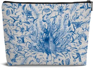 Blue and white Peacock Flower Aesthetic Makeup Bag,Vintage Abstract Watercolor Flower Leather Small Zipper Pouch for Purse,Cosmetic Bag Zipper Pouch for Women Teens Girl