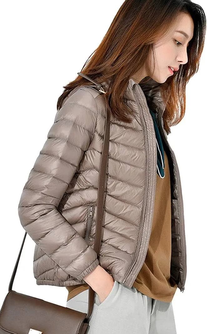 BOFETA Womens Stand Collar Light Weight Down Jackets Slim Fitted Packable Winter Warm Jackets Plus Size