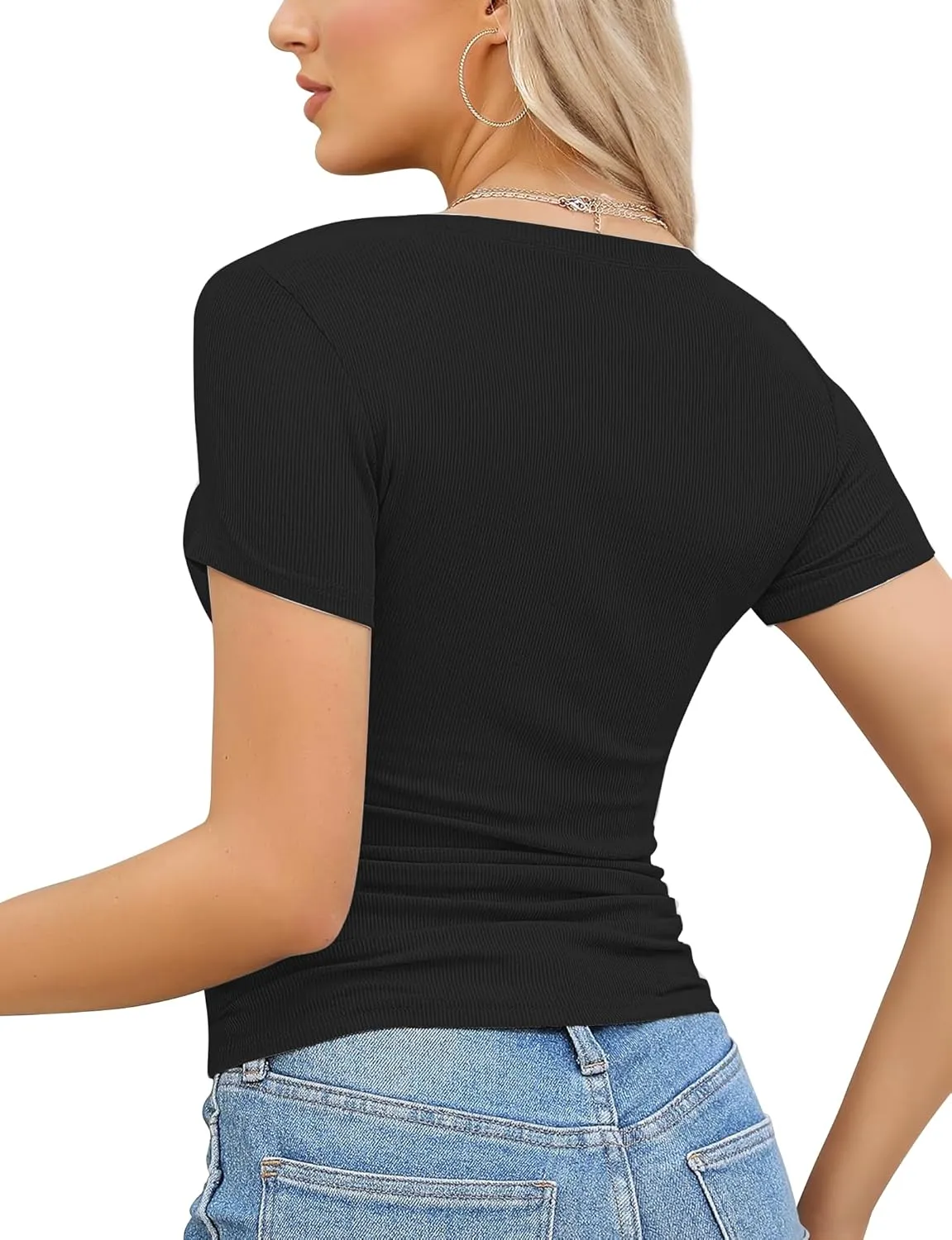 Buauty Women's Tops V Neck Shirts Short Sleeve Tshirt Fitted Basic Tees Summer Tunic Ribbed Sexy Clothes Casual Cute