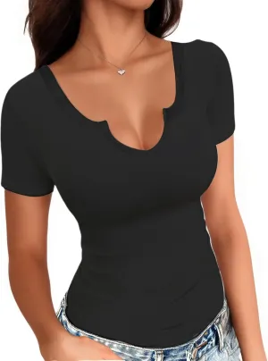 Buauty Women's Tops V Neck Shirts Short Sleeve Tshirt Fitted Basic Tees Summer Tunic Ribbed Sexy Clothes Casual Cute