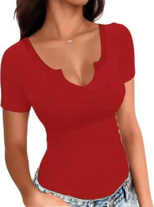 Buauty Women's Tops V Neck Shirts Short Sleeve Tshirt Fitted Basic Tees Summer Tunic Ribbed Sexy Clothes Casual Cute