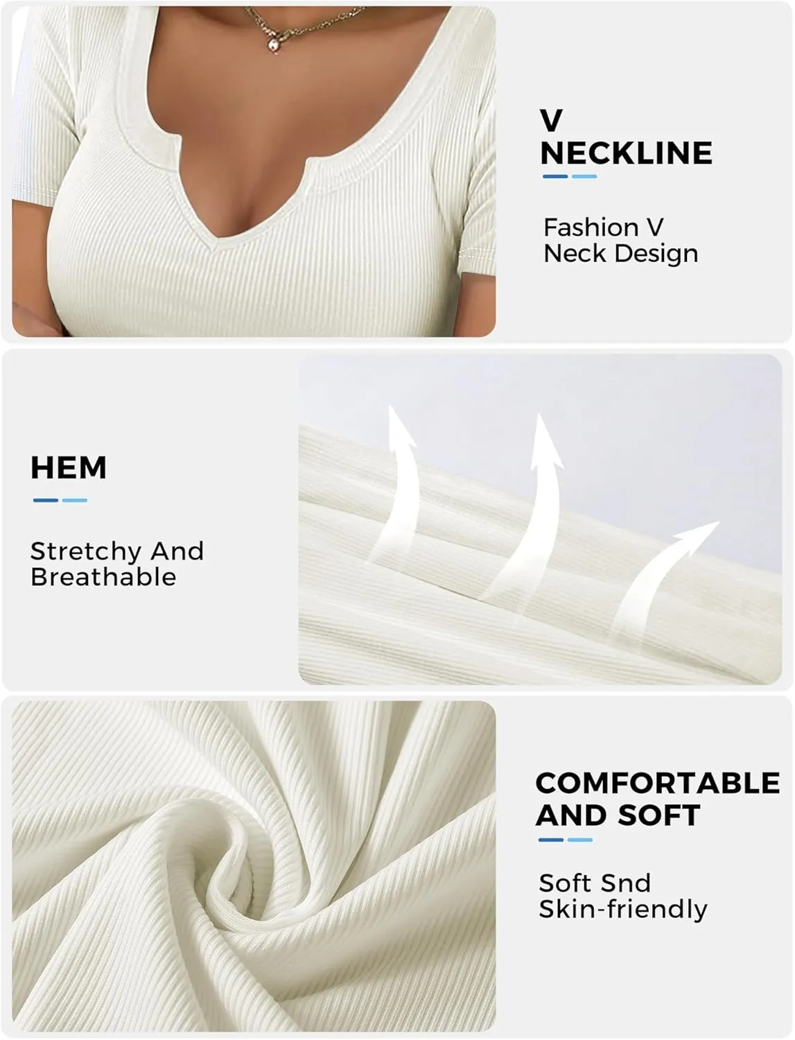 Buauty Women's Tops V Neck Shirts Short Sleeve Tshirt Fitted Basic Tees Summer Tunic Ribbed Sexy Clothes Casual Cute