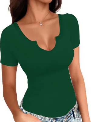 Buauty Women's Tops V Neck Shirts Short Sleeve Tshirt Fitted Basic Tees Summer Tunic Ribbed Sexy Clothes Casual Cute