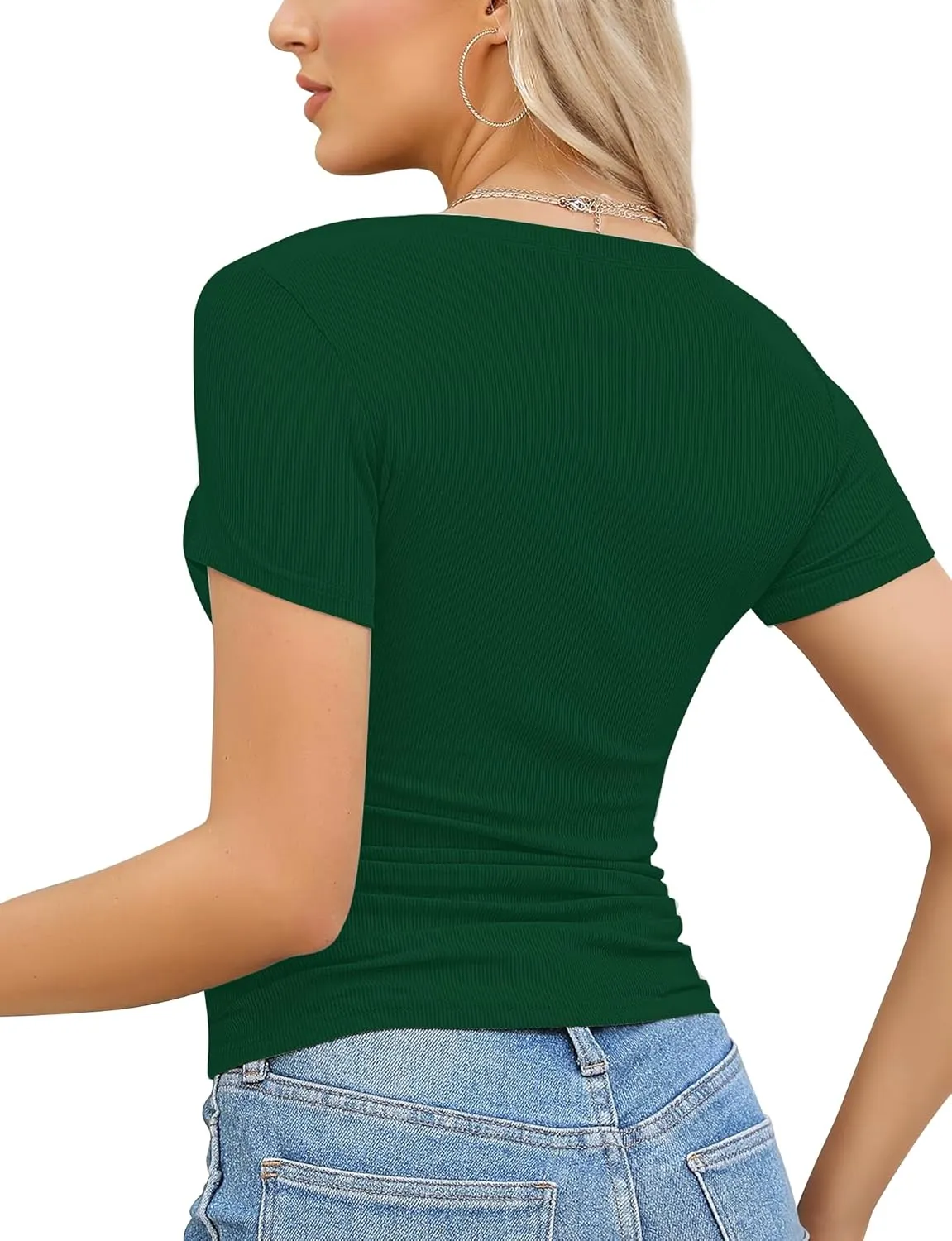 Buauty Women's Tops V Neck Shirts Short Sleeve Tshirt Fitted Basic Tees Summer Tunic Ribbed Sexy Clothes Casual Cute