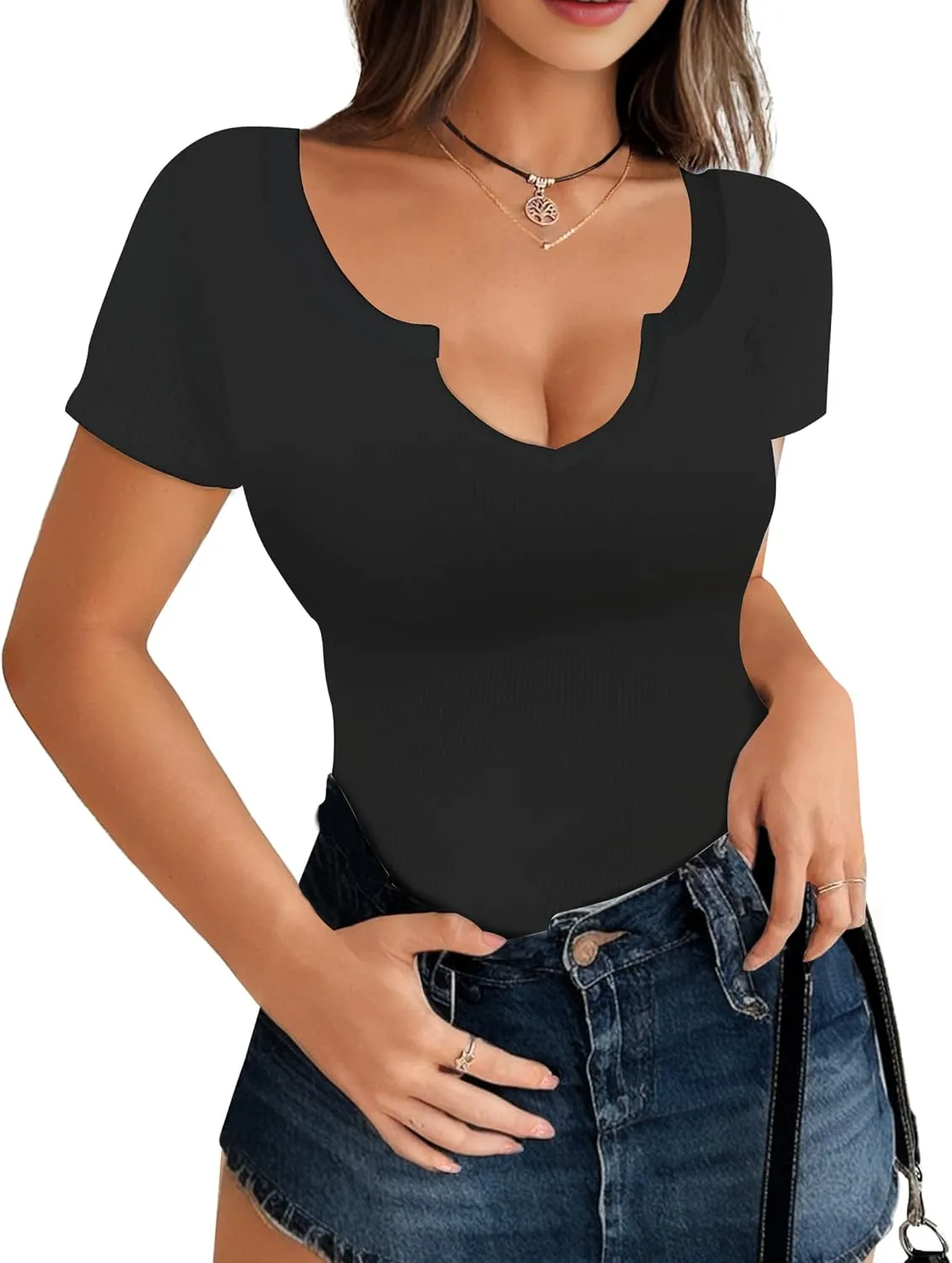 Buauty Women's Tops V Neck Shirts Short Sleeve Tshirt Fitted Basic Tees Summer Tunic Ribbed Sexy Clothes Casual Cute