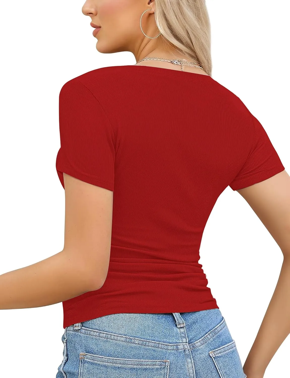 Buauty Women's Tops V Neck Shirts Short Sleeve Tshirt Fitted Basic Tees Summer Tunic Ribbed Sexy Clothes Casual Cute