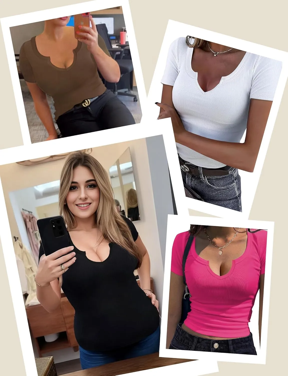 Buauty Women's Tops V Neck Shirts Short Sleeve Tshirt Fitted Basic Tees Summer Tunic Ribbed Sexy Clothes Casual Cute