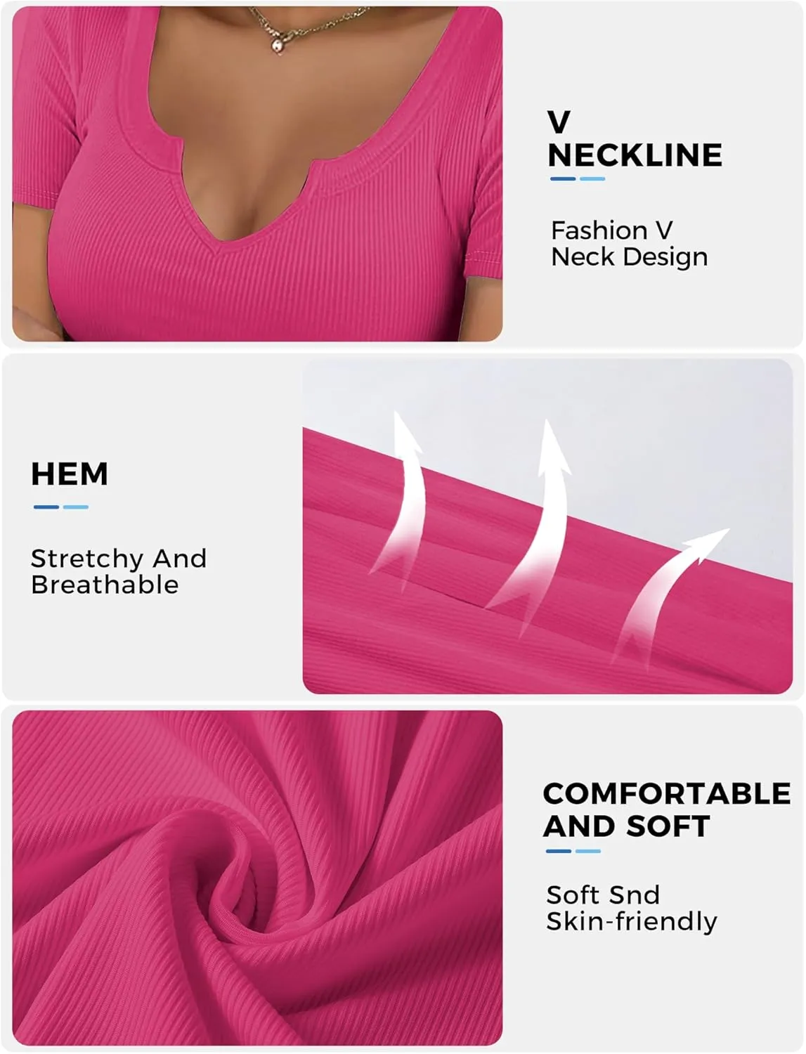 Buauty Women's Tops V Neck Shirts Short Sleeve Tshirt Fitted Basic Tees Summer Tunic Ribbed Sexy Clothes Casual Cute