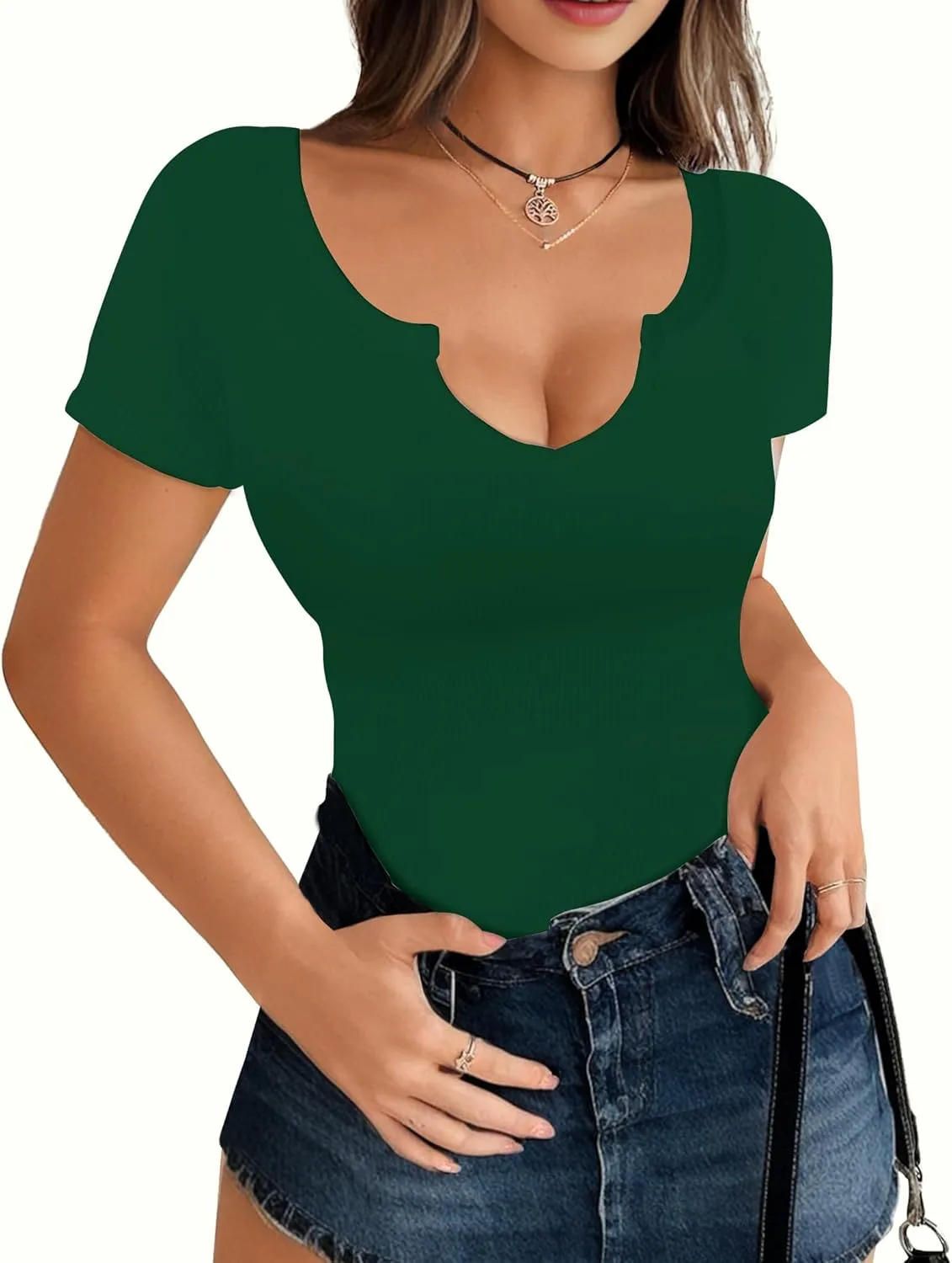 Buauty Women's Tops V Neck Shirts Short Sleeve Tshirt Fitted Basic Tees Summer Tunic Ribbed Sexy Clothes Casual Cute