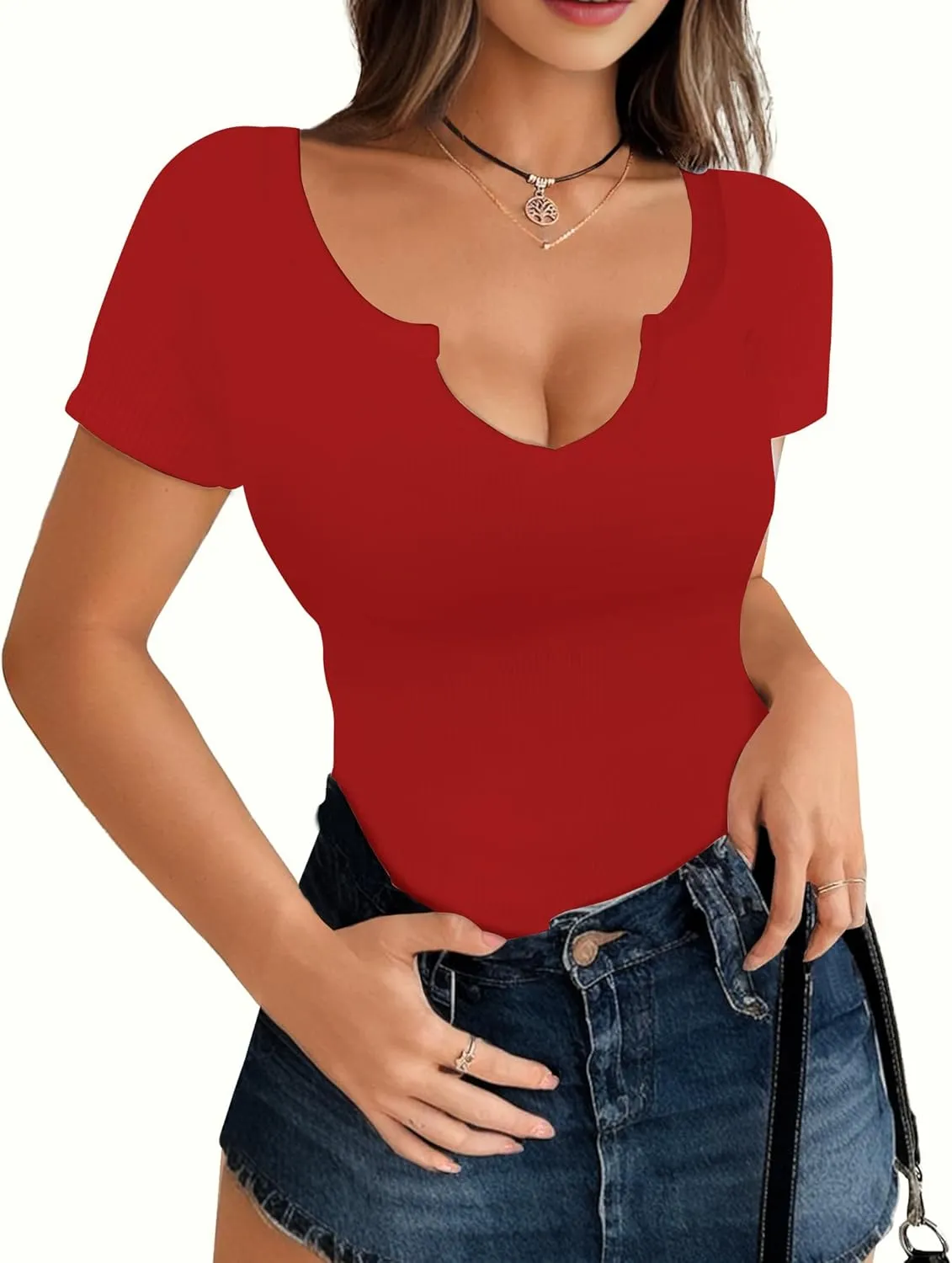 Buauty Women's Tops V Neck Shirts Short Sleeve Tshirt Fitted Basic Tees Summer Tunic Ribbed Sexy Clothes Casual Cute