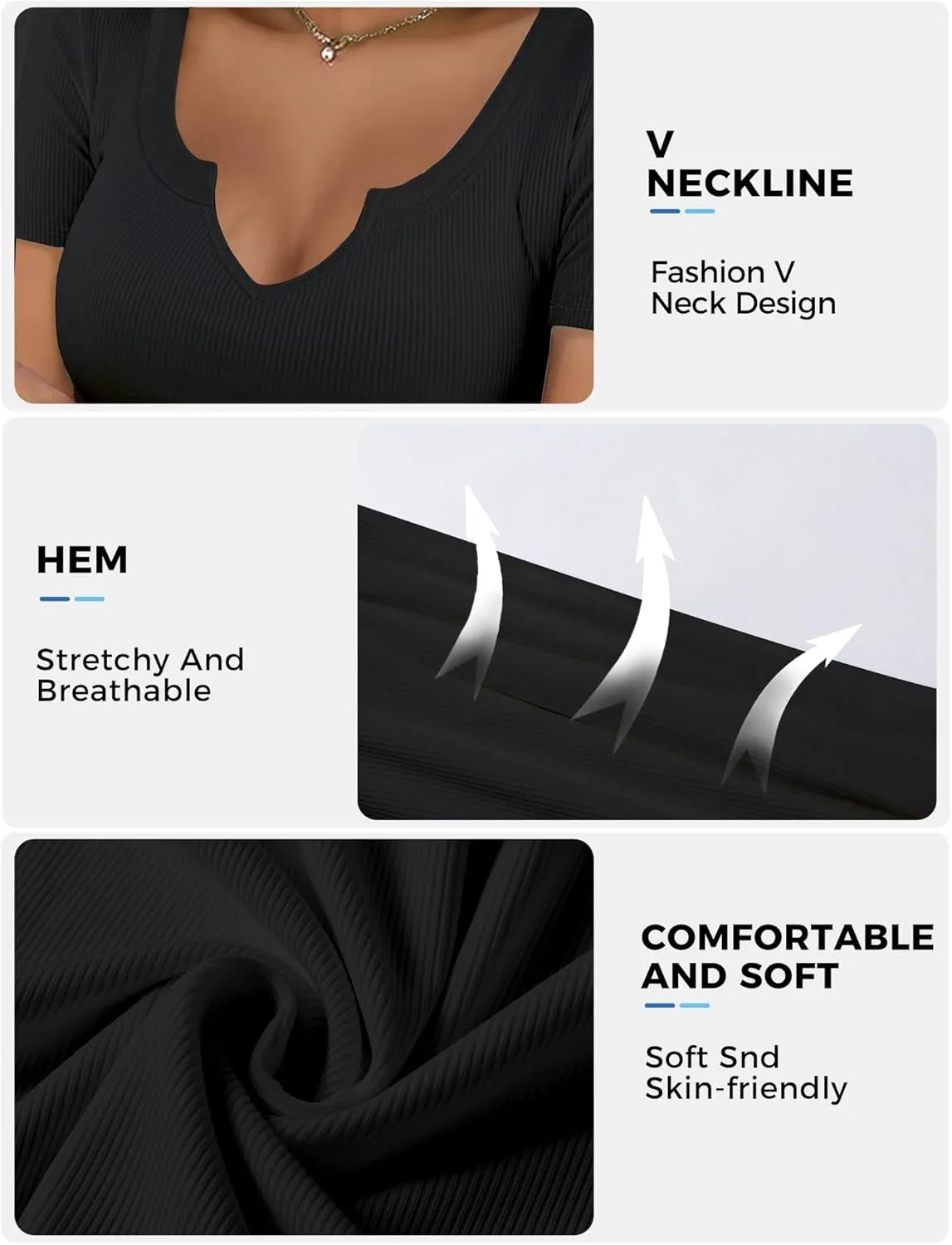 Buauty Women's Tops V Neck Shirts Short Sleeve Tshirt Fitted Basic Tees Summer Tunic Ribbed Sexy Clothes Casual Cute