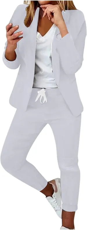Business Casual Outfits for Women 2 Piece Suit Sets Long Sleeve Open Front Blazers & Office Drawstring Dress Pants