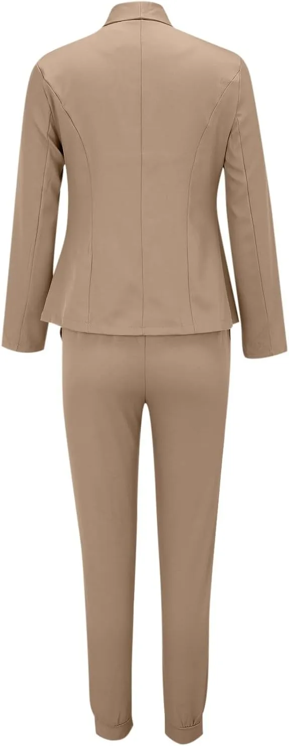 Business Casual Outfits for Women 2 Piece Suit Sets Long Sleeve Open Front Blazers & Office Drawstring Dress Pants