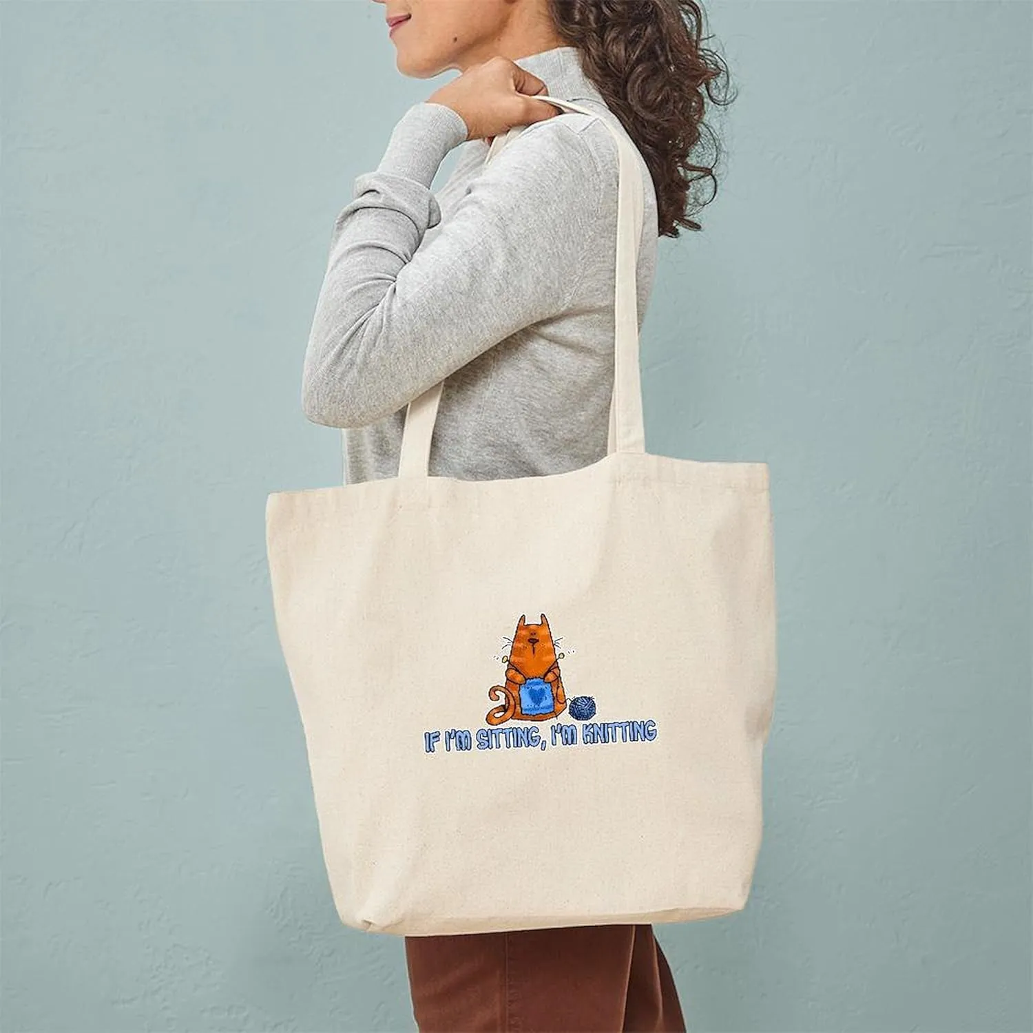 CafePress If I'm Sitting, I'm Knitting Tote Bag Reusable Natural Beige Canvas Shopping Bag
