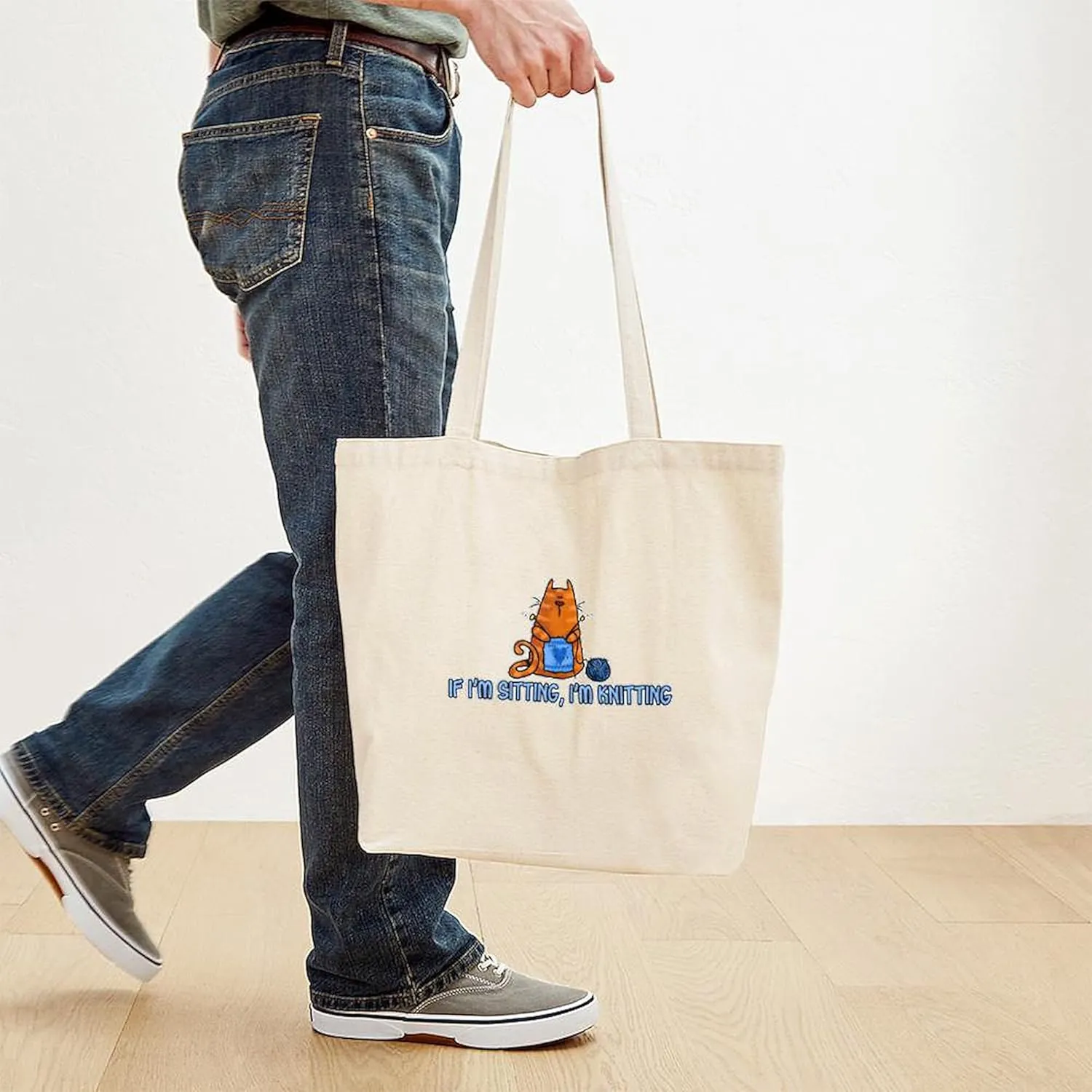 CafePress If I'm Sitting, I'm Knitting Tote Bag Reusable Natural Beige Canvas Shopping Bag