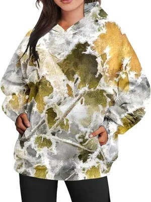 Camo Hoodie Womens Maple Leaf Print Oversized Hooded Sweatshirt Fleece Sweatshirts Casual Long Sleeve Pullover 2024