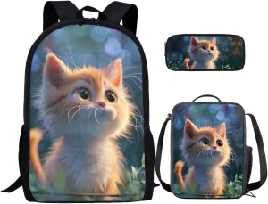 Cat Backpack School Bag for Elementary Primary School Bookbags with Reusable Insulated Lunch Bag Pen Pouch Casual Daily Backpack for Travel School Gym