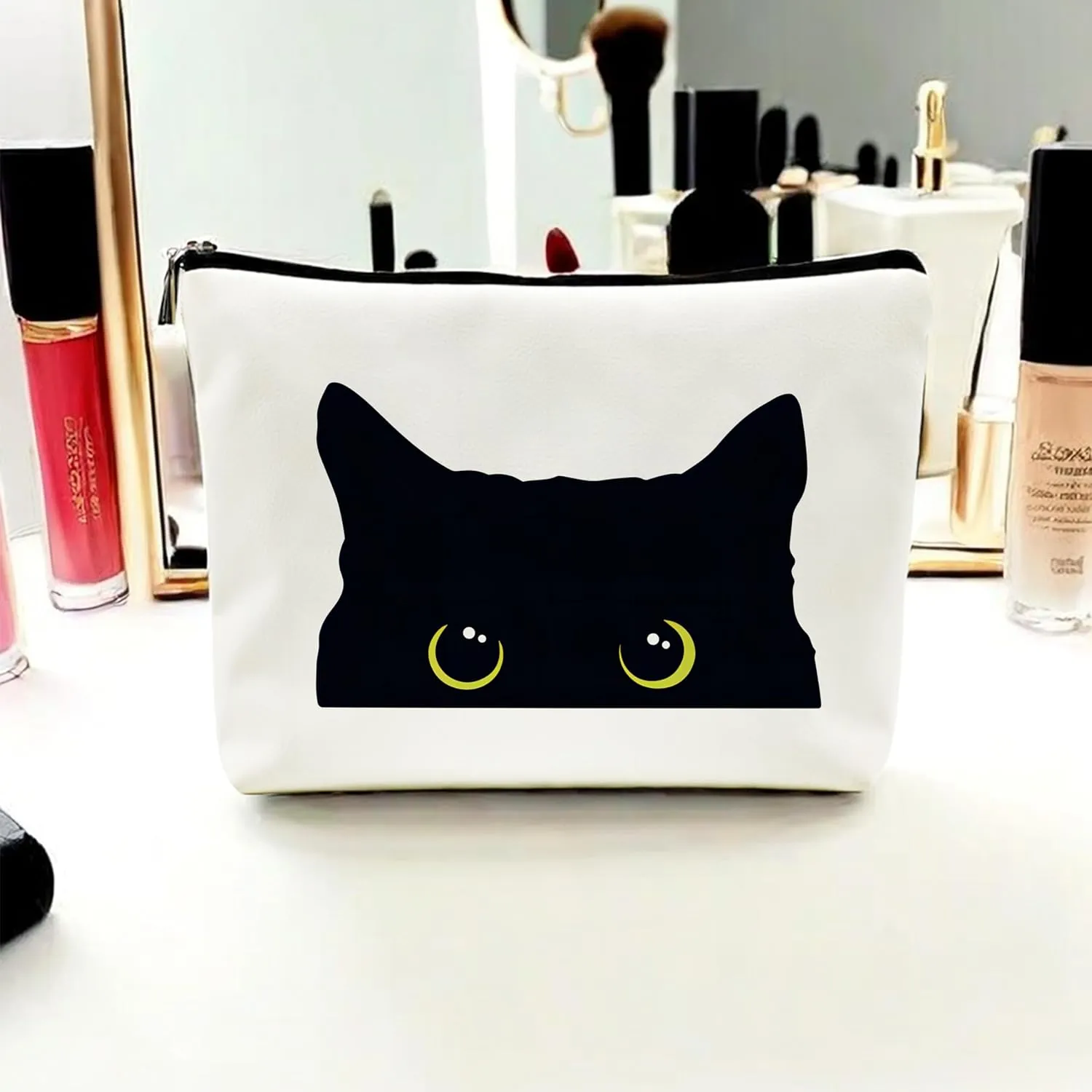 Cat Makeup Bag - Black Kitty Cosmetic Bags for Women, Cat Lovers Gifts, Black Small Makeup Bag for Purse (Leather)