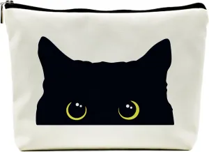 Cat Makeup Bag - Black Kitty Cosmetic Bags for Women, Cat Lovers Gifts, Black Small Makeup Bag for Purse (Leather)
