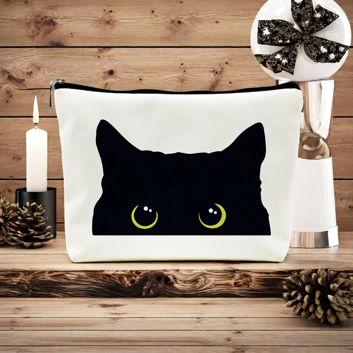 Cat Makeup Bag - Black Kitty Cosmetic Bags for Women, Cat Lovers Gifts, Black Small Makeup Bag for Purse (Leather)