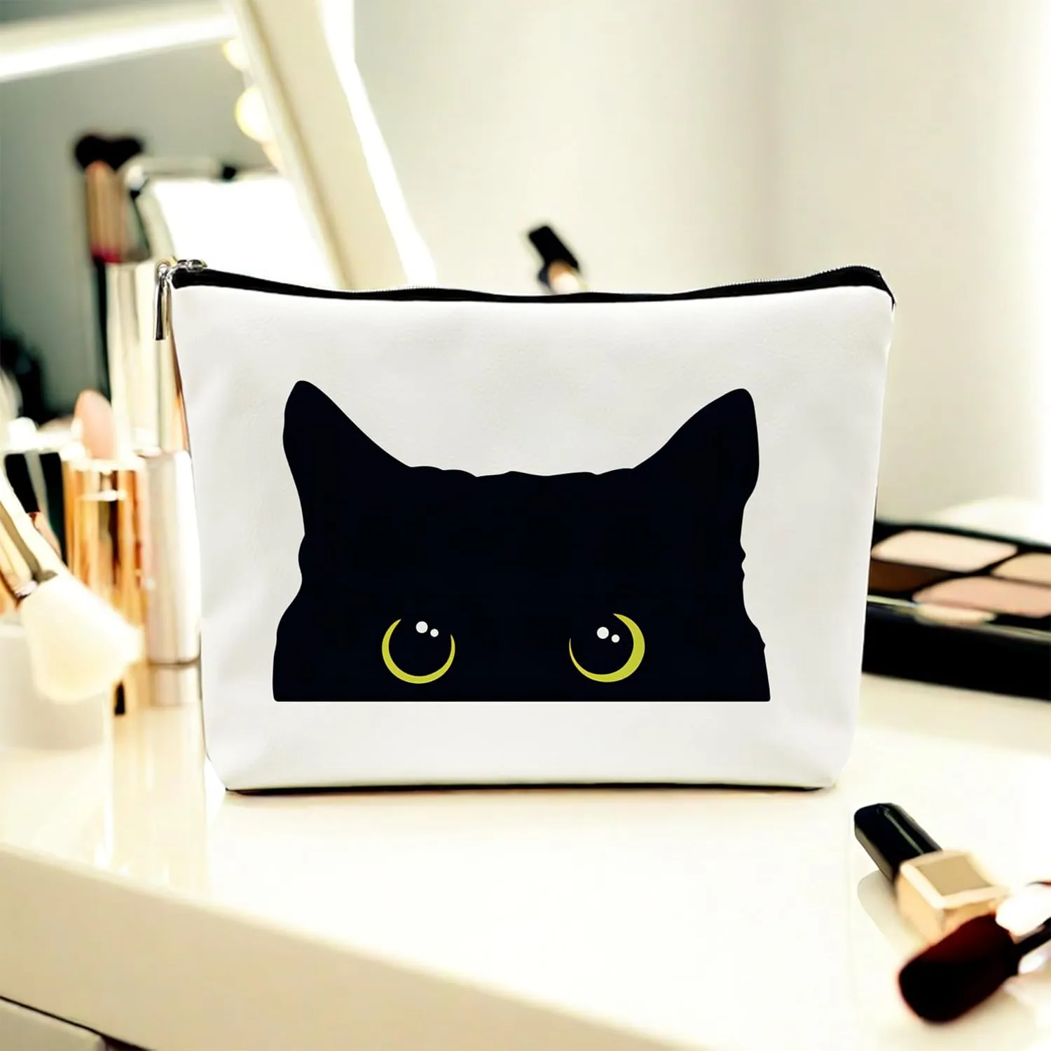 Cat Makeup Bag - Black Kitty Cosmetic Bags for Women, Cat Lovers Gifts, Black Small Makeup Bag for Purse (Leather)