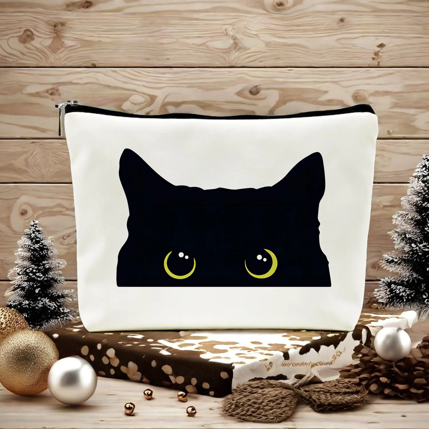 Cat Makeup Bag - Black Kitty Cosmetic Bags for Women, Cat Lovers Gifts, Black Small Makeup Bag for Purse (Leather)