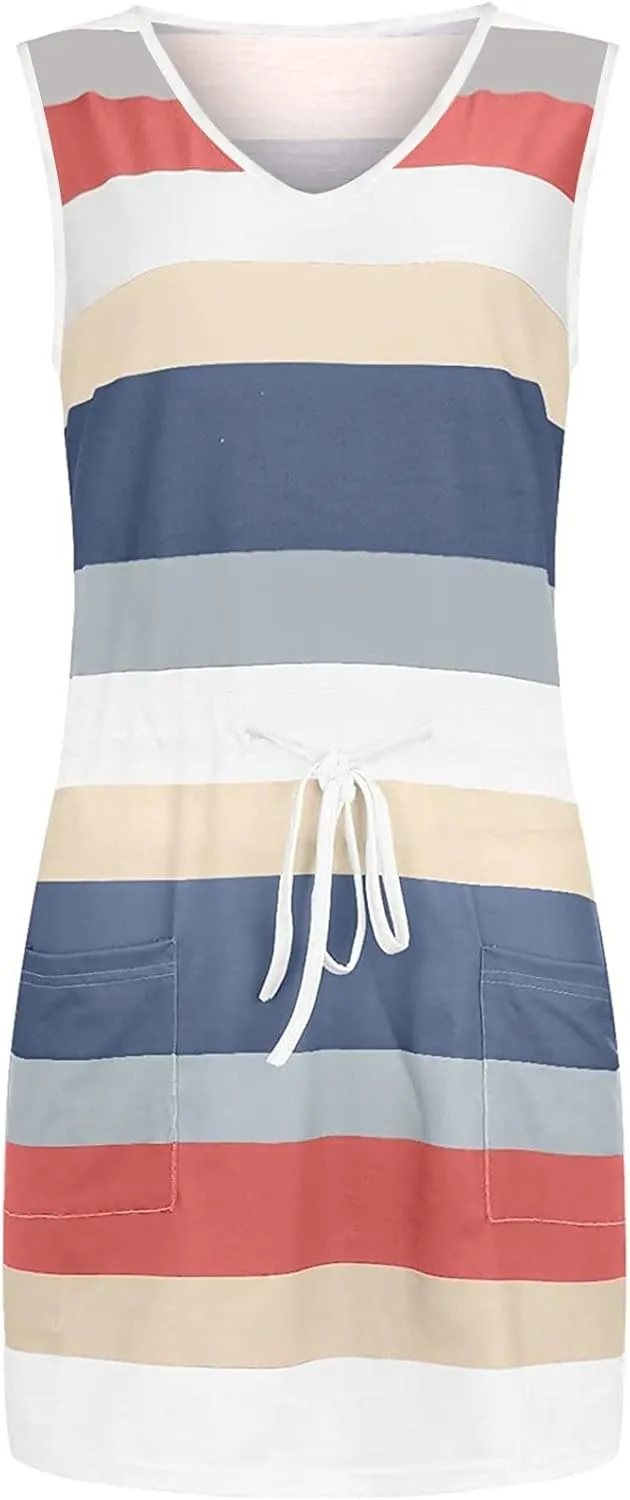 Cbcbtwo Beach Vacation Clothes for Women 2025 Summer Dress Sleeveless Tie Front A-Line Double Layer Hem Mini Dresses