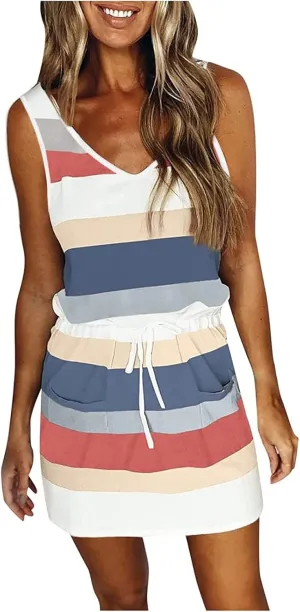 Cbcbtwo Beach Vacation Clothes for Women 2025 Summer Dress Sleeveless Tie Front A-Line Double Layer Hem Mini Dresses