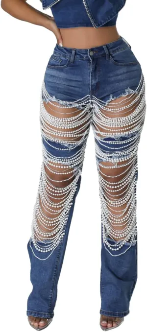 cffvdiz Straight Leg Jeans for Women Mid-Rise Distressed Ripped Hole Pearl Chain Boyfried Denim Pants