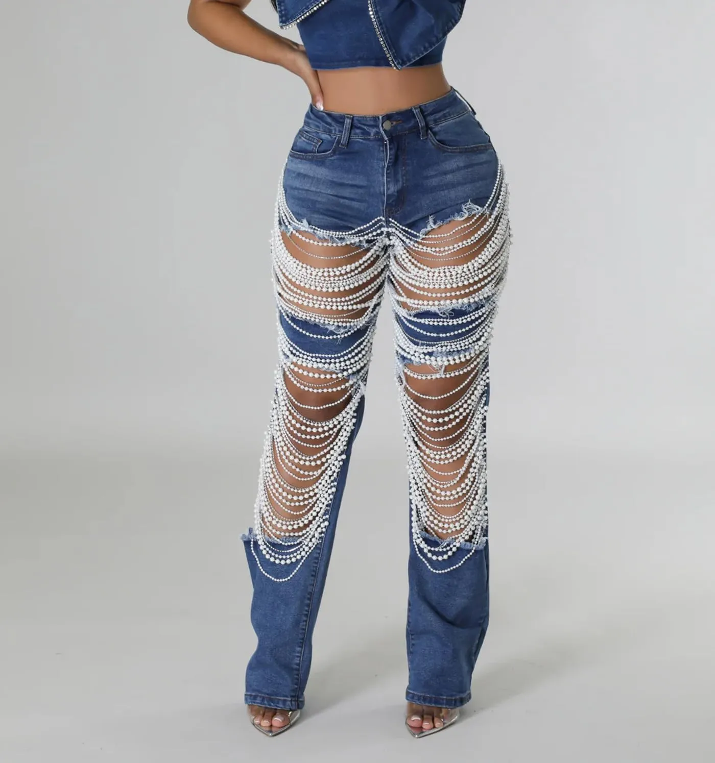 cffvdiz Straight Leg Jeans for Women Mid-Rise Distressed Ripped Hole Pearl Chain Boyfried Denim Pants