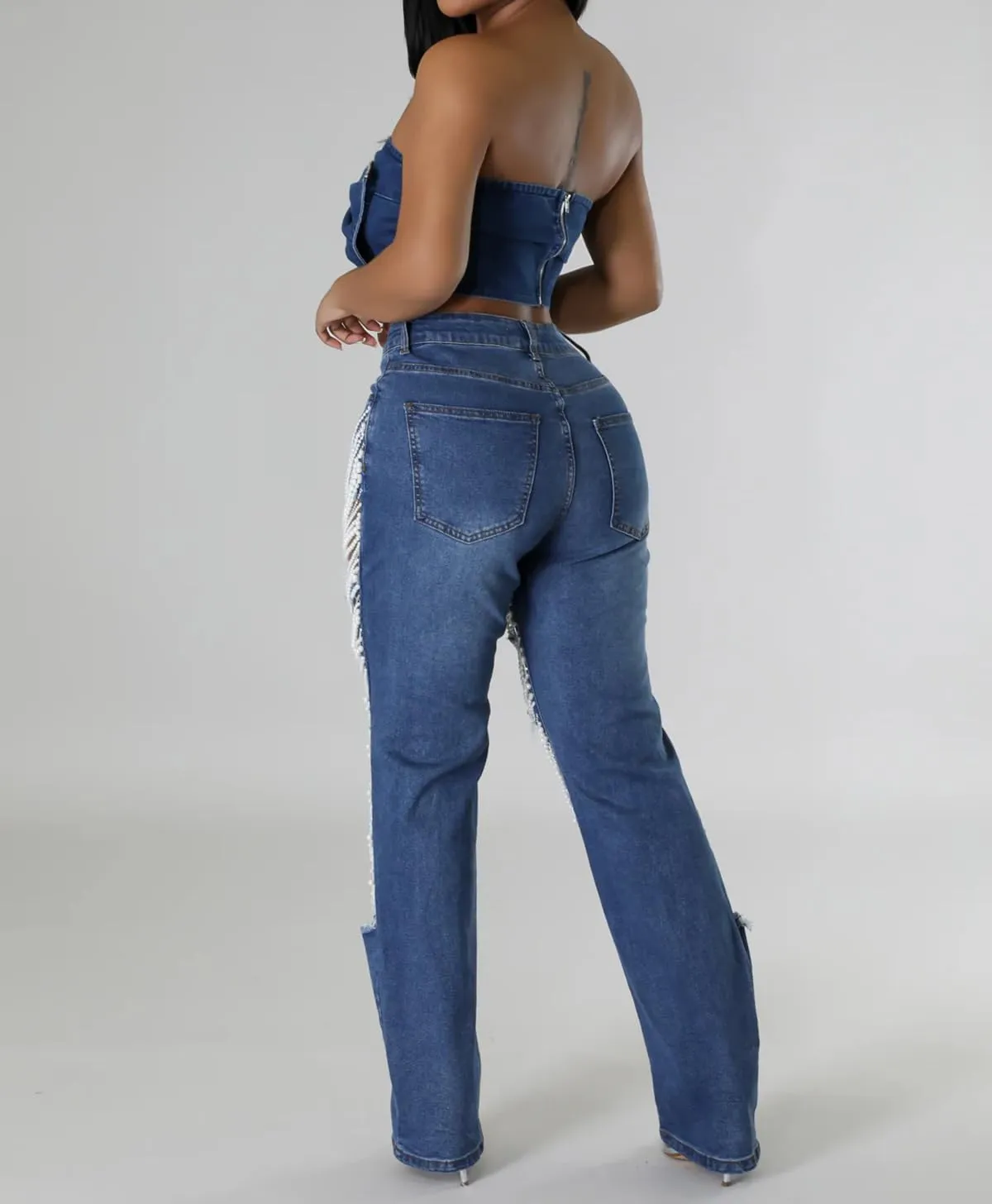 cffvdiz Straight Leg Jeans for Women Mid-Rise Distressed Ripped Hole Pearl Chain Boyfried Denim Pants