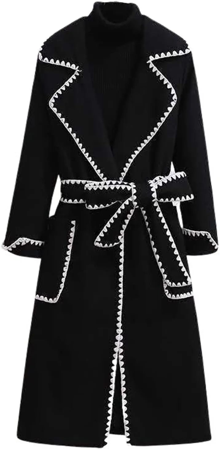 CHARTOU Women's Elegant Wool Blend Lapel Collar Bow-Tie Belt Midi Long Trench Coat Jacket