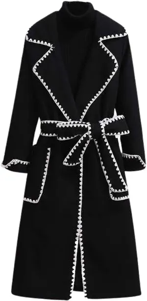 CHARTOU Women's Elegant Wool Blend Lapel Collar Bow-Tie Belt Midi Long Trench Coat Jacket