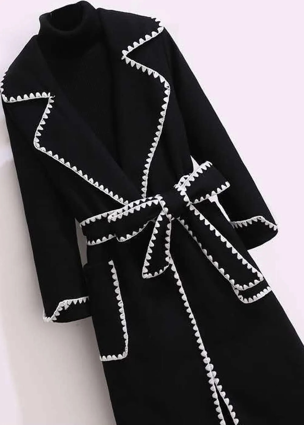 CHARTOU Women's Elegant Wool Blend Lapel Collar Bow-Tie Belt Midi Long Trench Coat Jacket