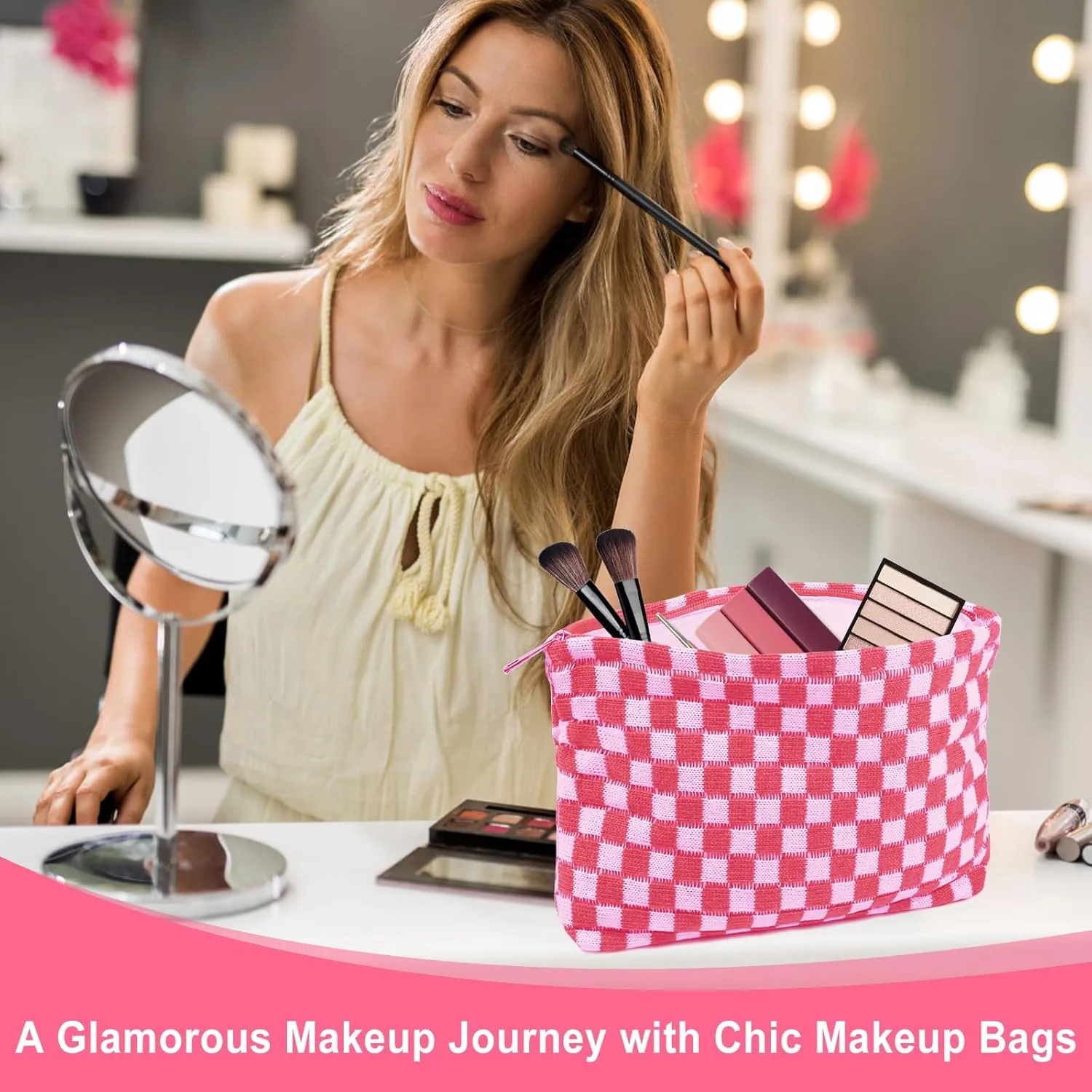Checkered Makeup Bags 4 Piec Pink Large Capacity Travel Toiletry Bags Organizer Cute Cosmetic Bag for Women Aesthetic Accessories Storage Makeup Brushes Ideal for Travel
