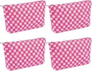 Checkered Makeup Bags 4 Piec Pink Large Capacity Travel Toiletry Bags Organizer Cute Cosmetic Bag for Women Aesthetic Accessories Storage Makeup Brushes Ideal for Travel