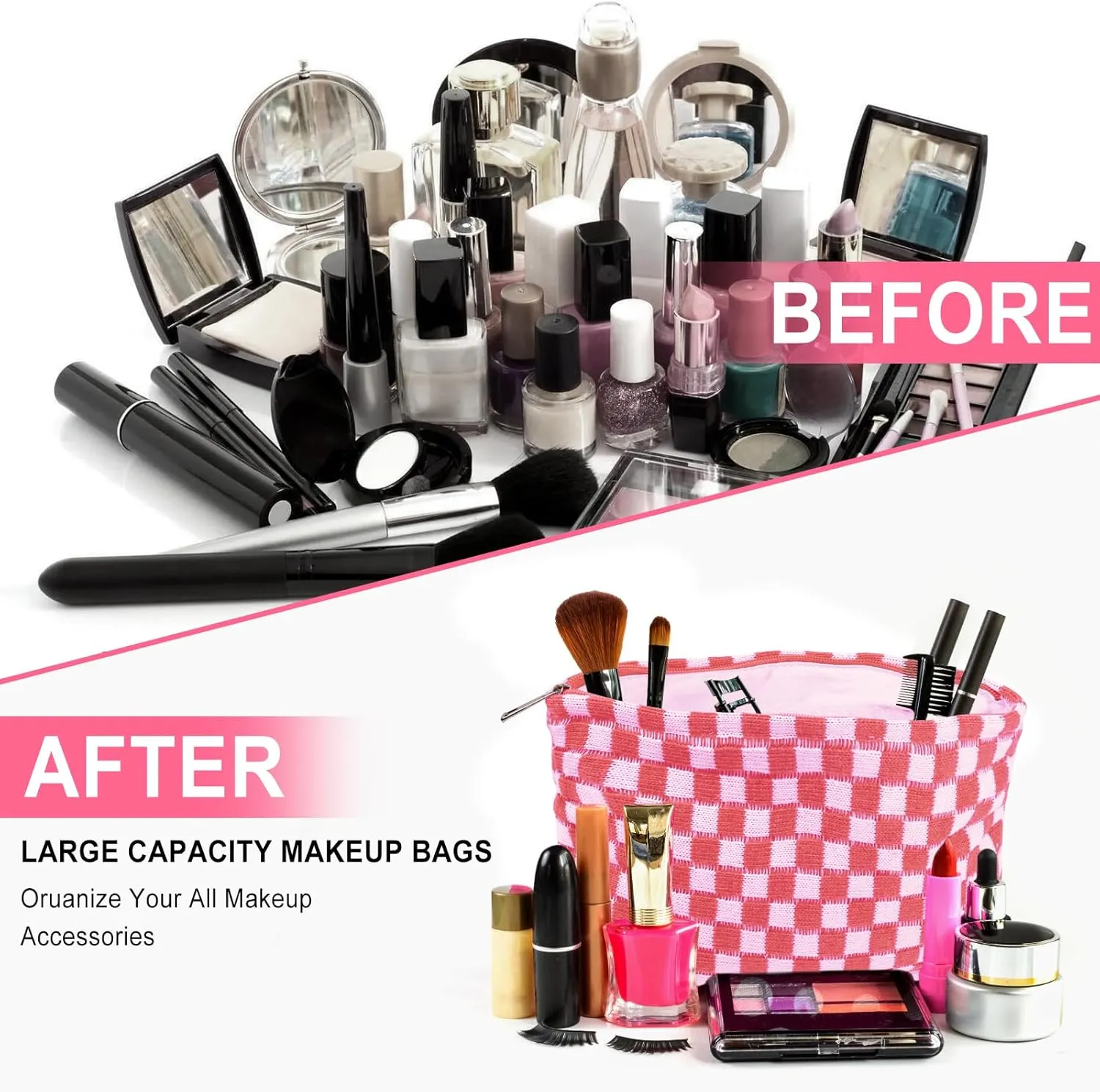 Checkered Makeup Bags 4 Piec Pink Large Capacity Travel Toiletry Bags Organizer Cute Cosmetic Bag for Women Aesthetic Accessories Storage Makeup Brushes Ideal for Travel