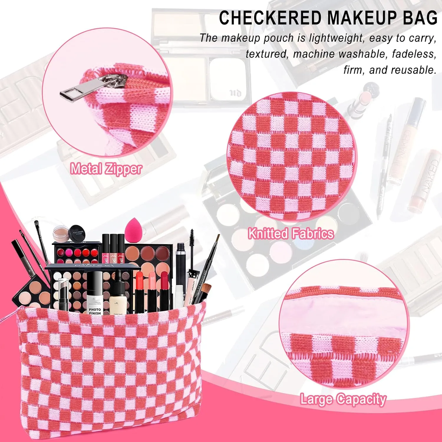 Checkered Makeup Bags 4 Piec Pink Large Capacity Travel Toiletry Bags Organizer Cute Cosmetic Bag for Women Aesthetic Accessories Storage Makeup Brushes Ideal for Travel