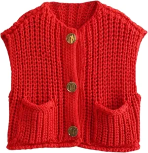 Chevara Womens Chunky Cropped Sweater Vest Cute Sleeveless Crewneck Button Down Crop Knit Cardigan with Pocket