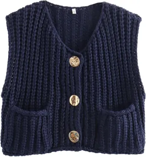 Chevara Womens Chunky Cropped Sweater Vest Cute Sleeveless Crewneck Button Down Crop Knit Cardigan with Pocket