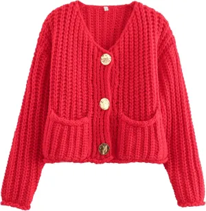 Chevara Womens Cropped Knit Cardigan Long Sleeve Crewneck Button Down Fall Sweater with Pockets