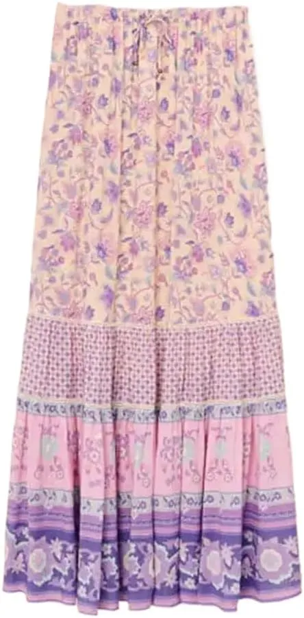 Chic Skirt Womens Rayon Floral Print Summer Long Skirts for Women Elastic Waist Bohemian Style