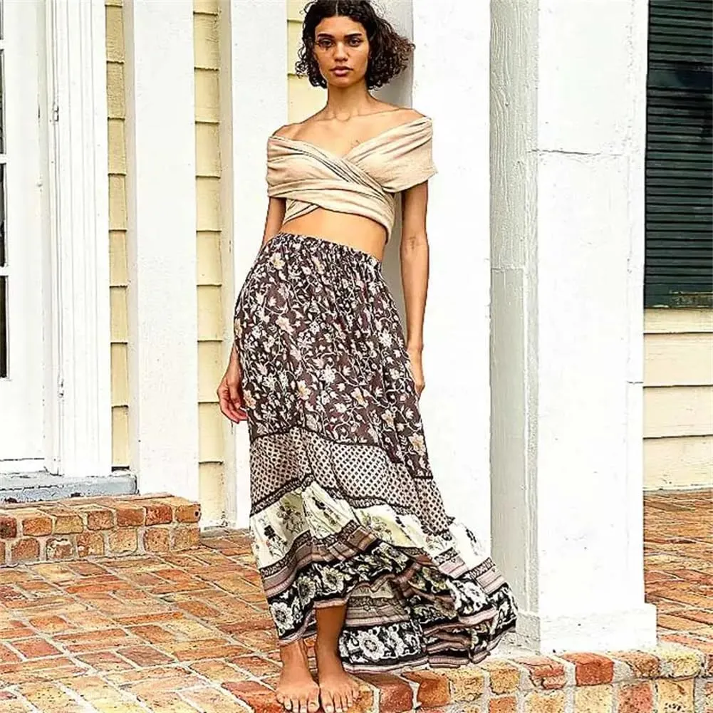 Chic Skirt Womens Rayon Floral Print Summer Long Skirts for Women Elastic Waist Bohemian Style