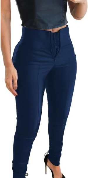 CHICME Women High Waist Zipper Closure Front Tummy Control PU Leather Pants Fleece Lined Tights Black Trousers (US, Alpha, Large, Regular, Regular, Blue)
