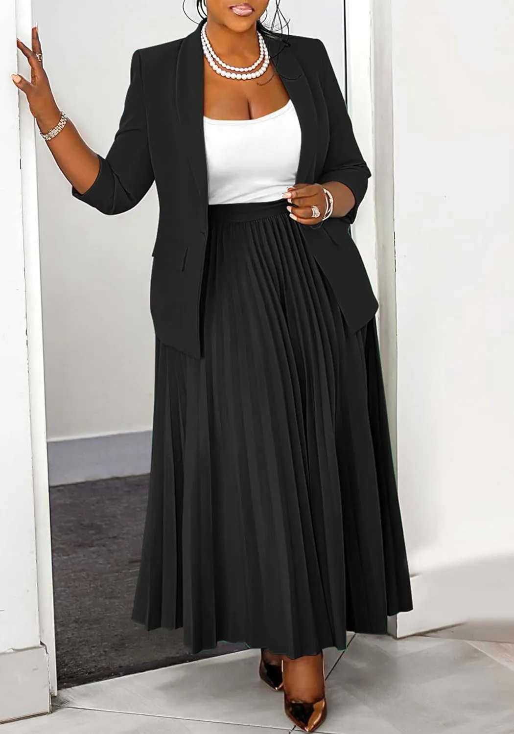 Church Suits for Women 2 Piece Skirt Sets Business Plus Size Long Sleeve Blazers and Pleated Maxi Skirts