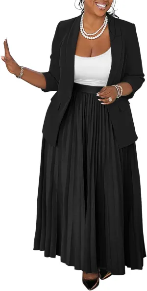 Church Suits for Women 2 Piece Skirt Sets Business Plus Size Long Sleeve Blazers and Pleated Maxi Skirts